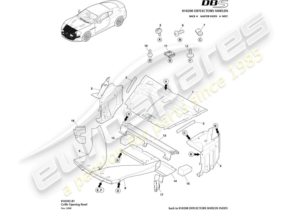 aston martin dbs (2013) diagramma delle parti del pannello di apertura della griglia