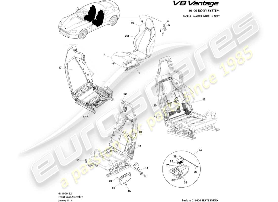 aston martin v8 vantage (2012) sedile anteriore schema delle parti