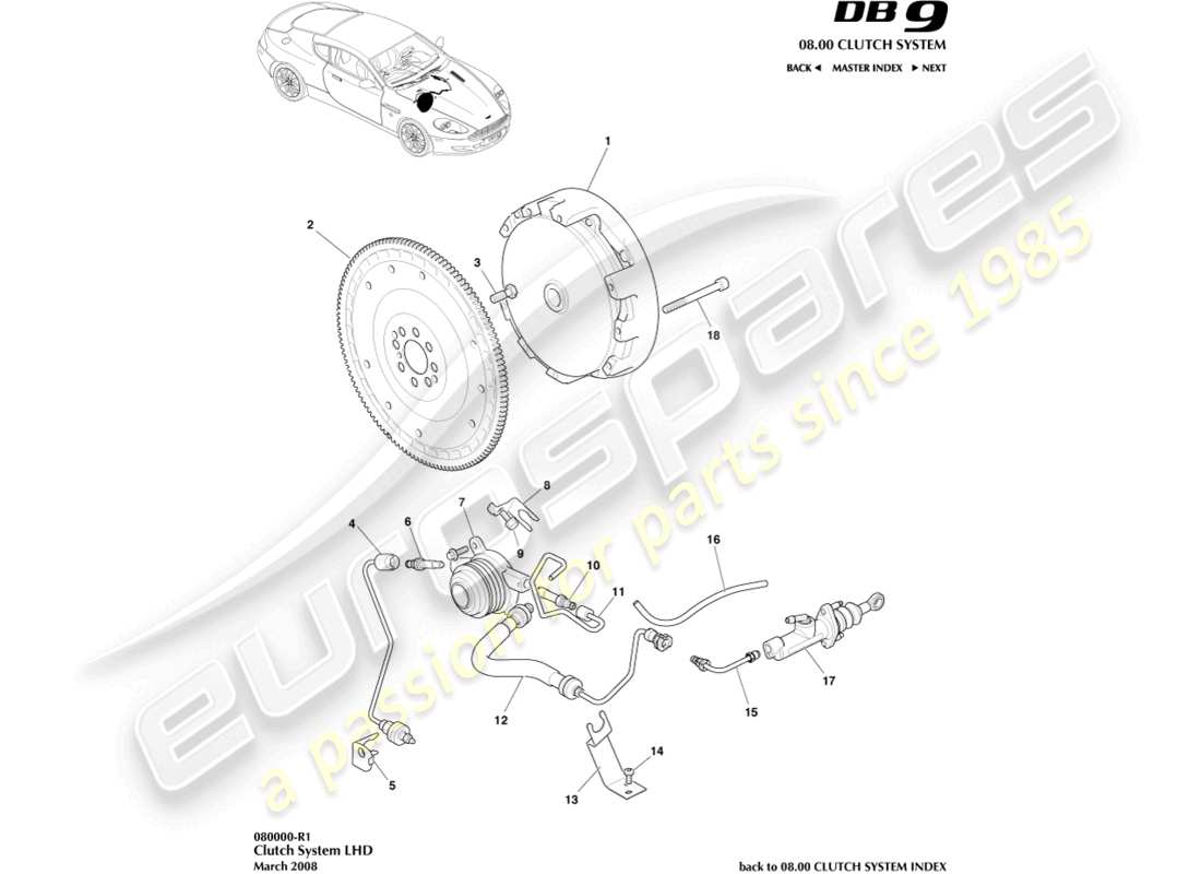 aston martin db9 (2004) sistema frizione, guida a sinistra diagramma delle parti