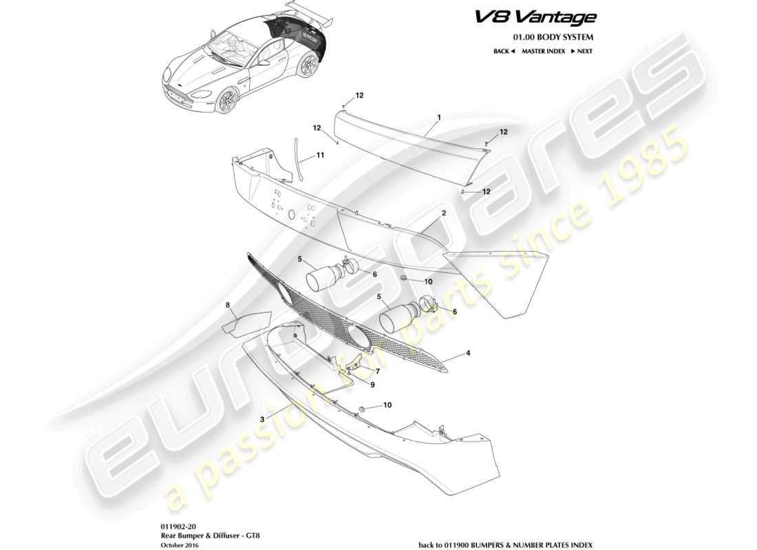 aston martin v8 vantage (2012) paraurti posteriore, diagramma delle parti gt8