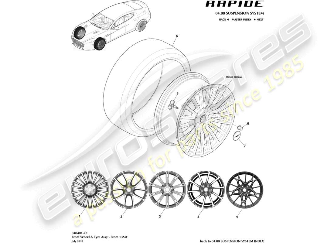 aston martin rapide (2012) ruote e pneumatici, anteriori dal diagramma delle parti 13my
