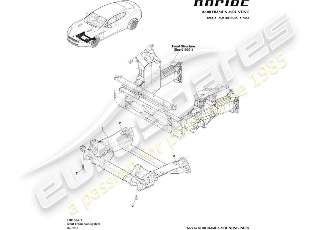 aston martin rapide (2010) vorderer hilfsrahmen teilediagramm