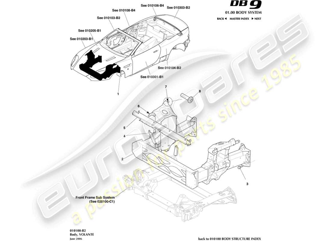 aston martin db9 (2005) körper, volante teilediagramm