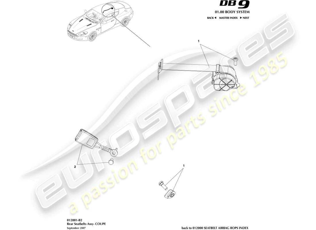 aston martin db9 (2005) cinture di sicurezza posteriori, schema delle parti della coupé