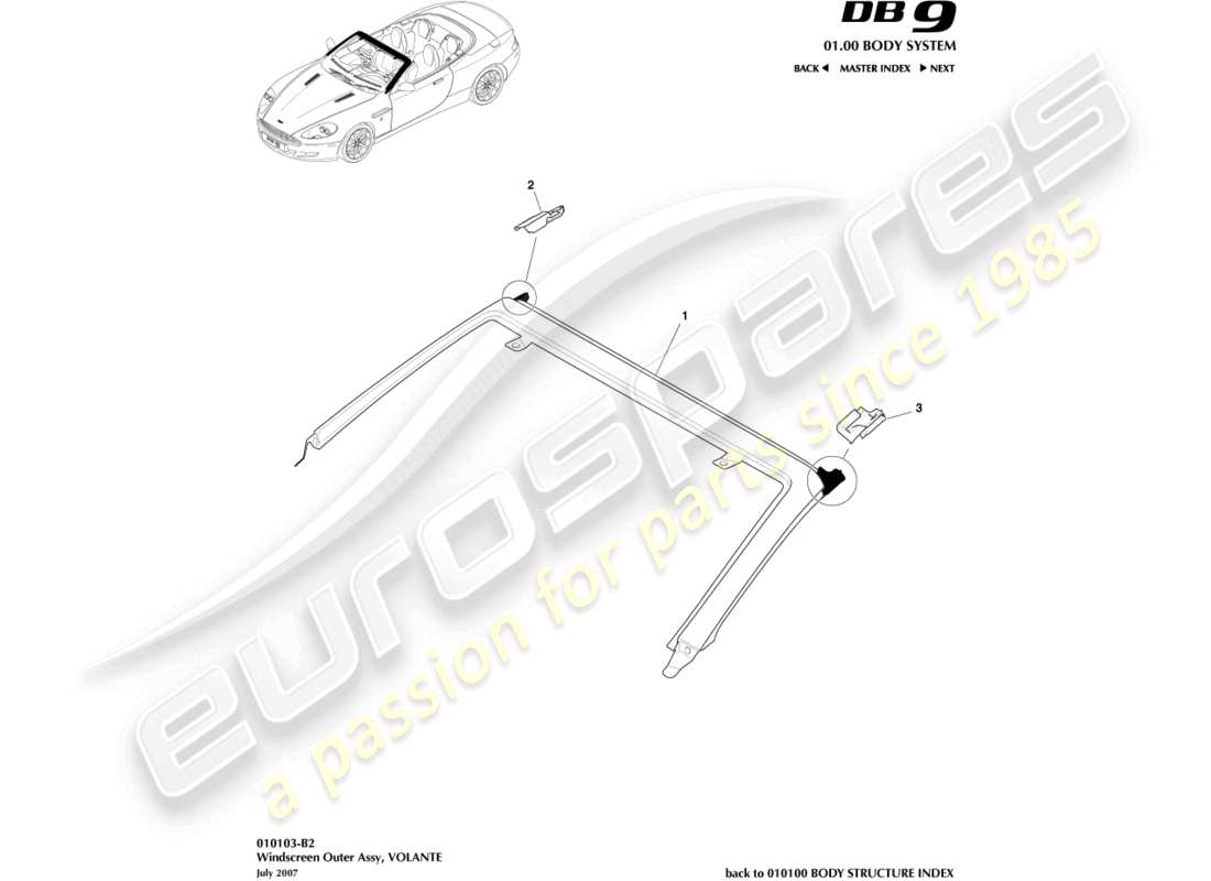 aston martin db9 (2004) windschutzscheibe, außen, volante teilediagramm
