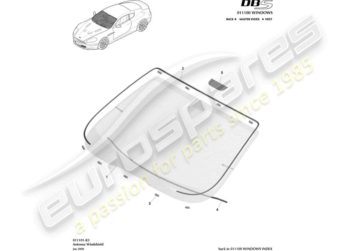 aston martin dbs (2008) parabrezza diagramma delle parti