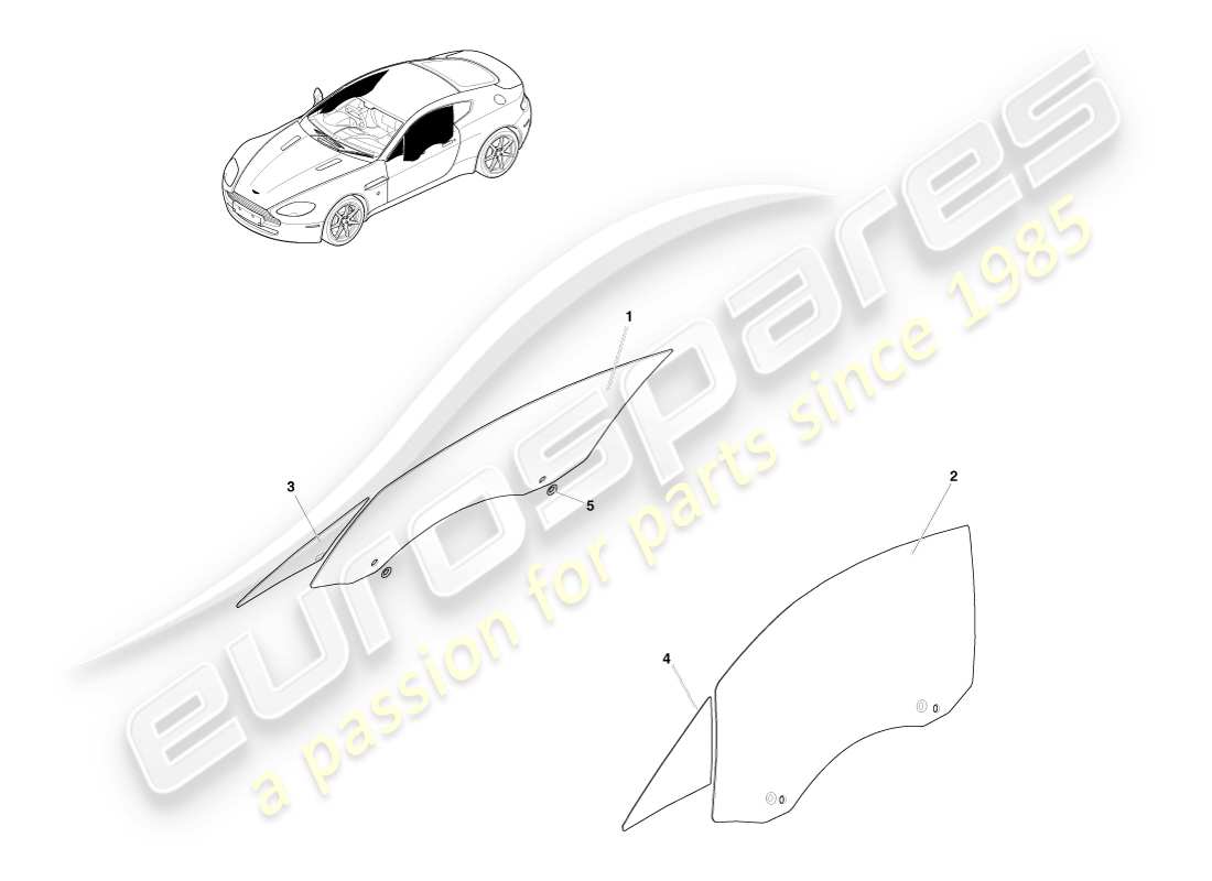 aston martin v8 vantage (2005) vetro della portiera, diagramma delle parti della coupé