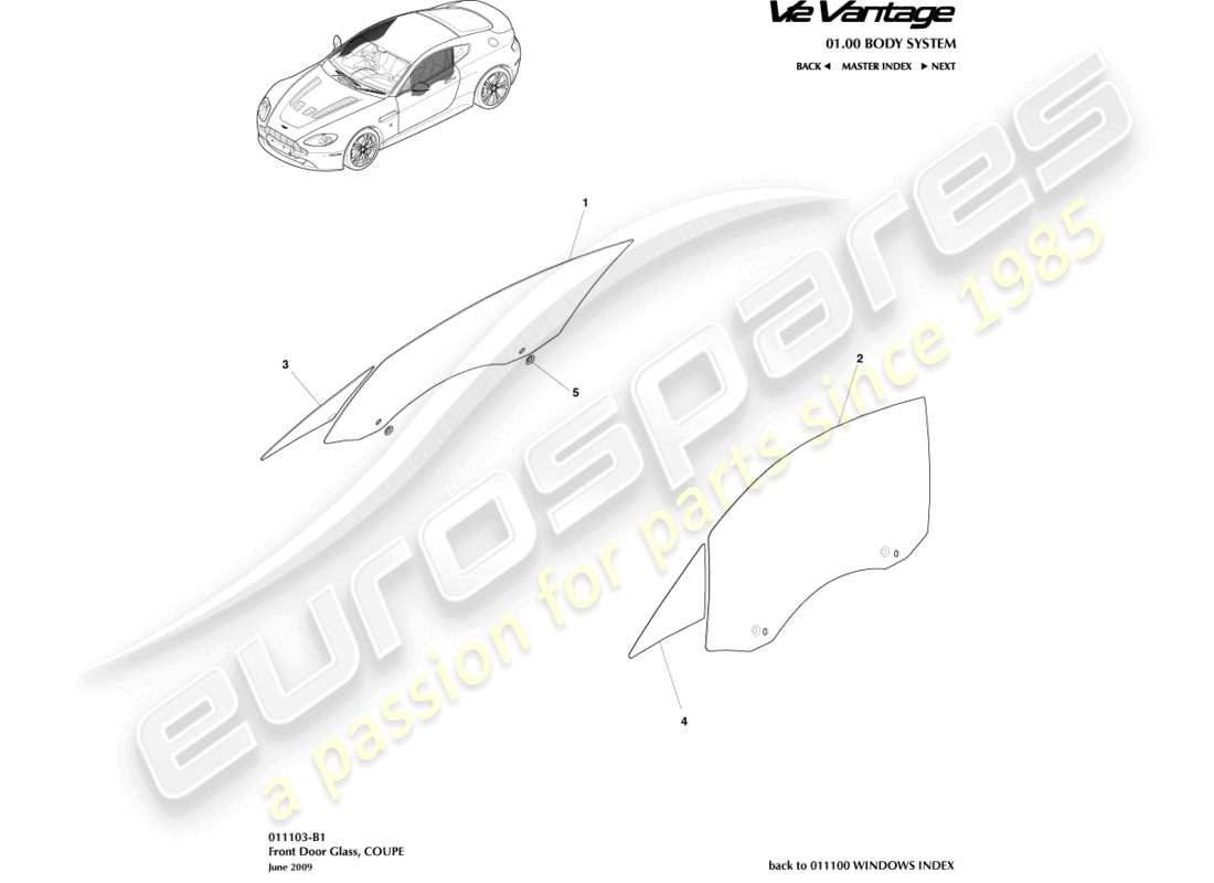 aston martin v12 vantage (2010) vetro della portiera, diagramma delle parti della coupé