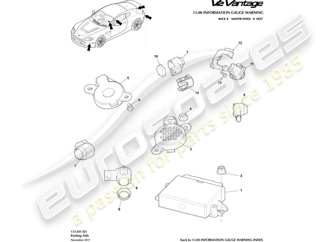 aston martin v12 vantage (2010) diagramma delle parti dei sensori di parcheggio