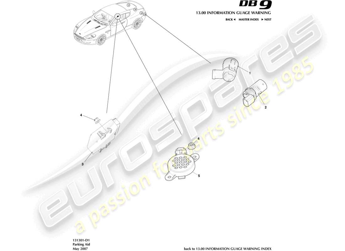 aston martin db9 (2005) diagramma delle parti dei sensori di parcheggio