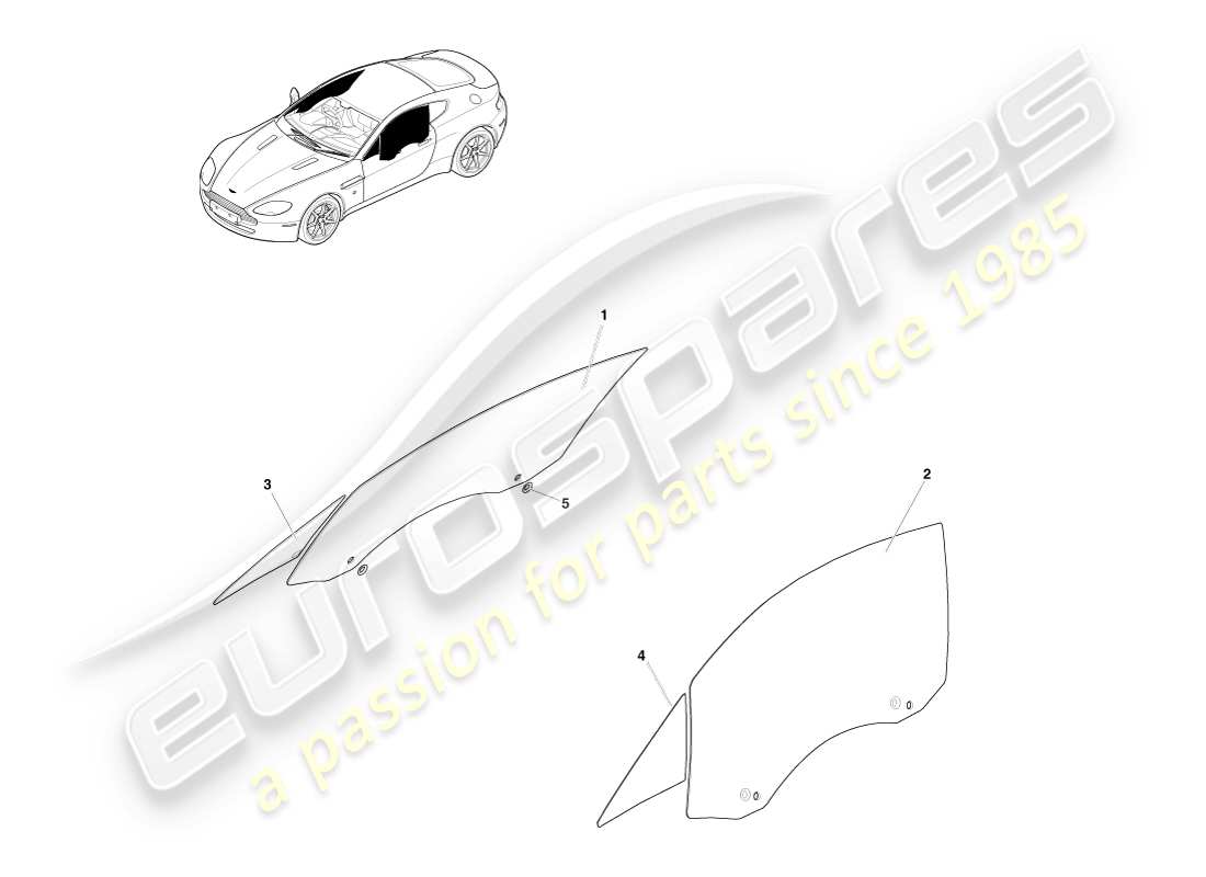 aston martin v8 vantage (2007) vetro della portiera, diagramma delle parti della coupé