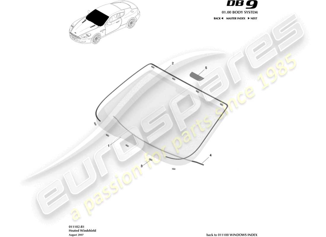 aston martin db9 (2007) schema del parabrezza e della parte riscaldata