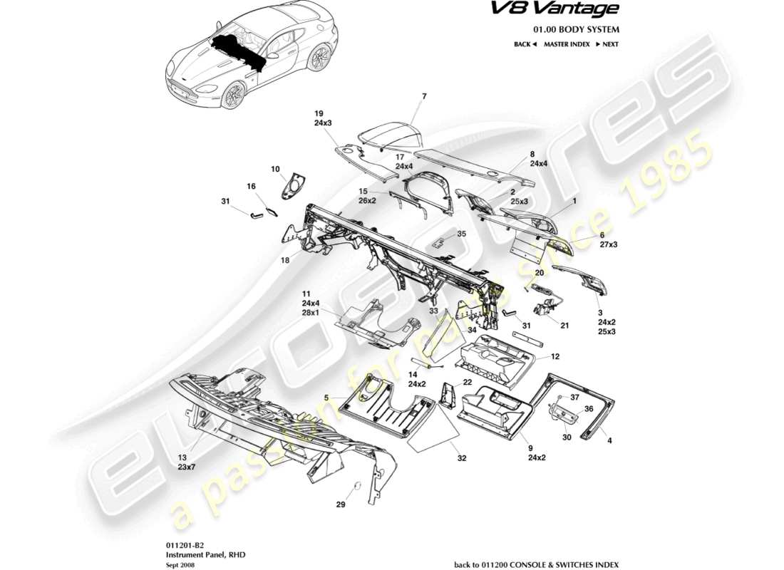 aston martin v8 vantage (2012) pannello strumenti, diagramma delle parti rhd
