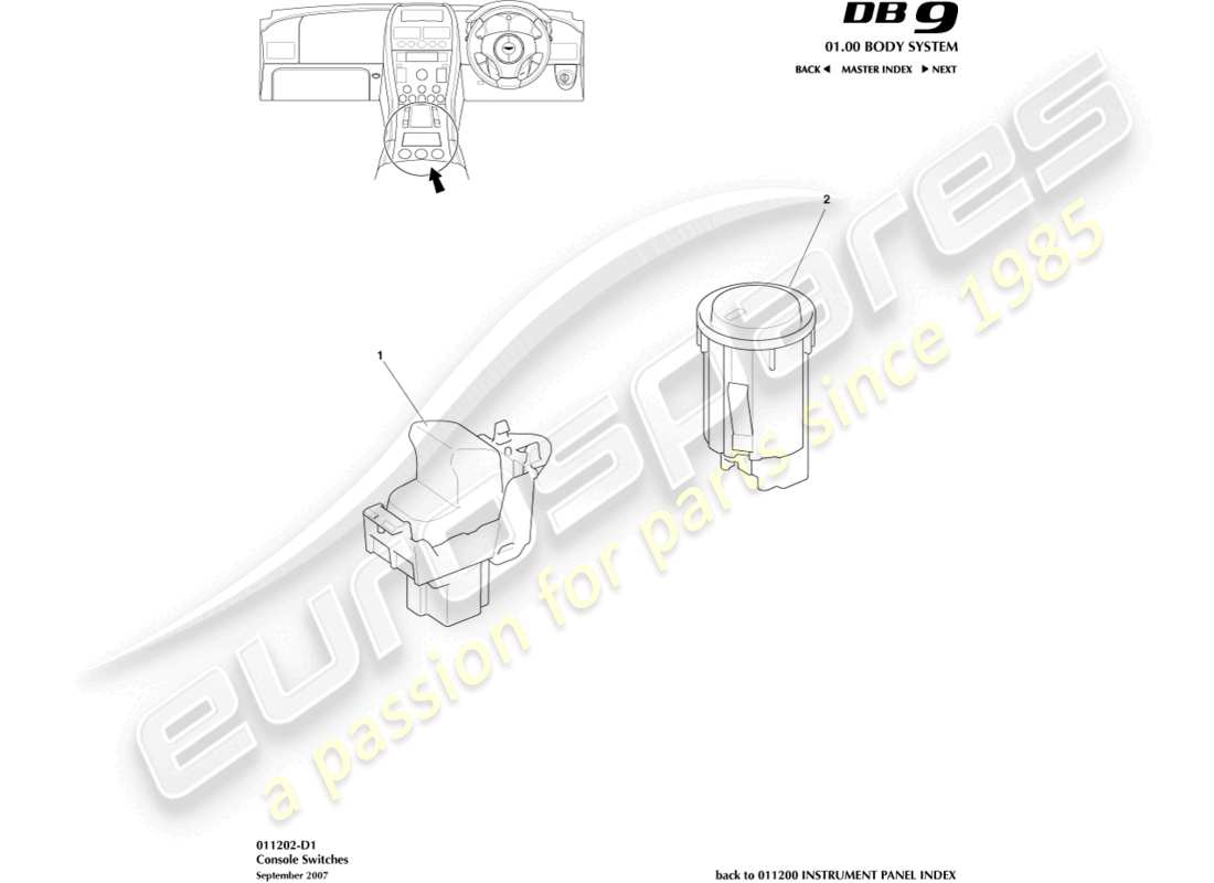 aston martin db9 (2010) diagramma delle parti degli switch di console