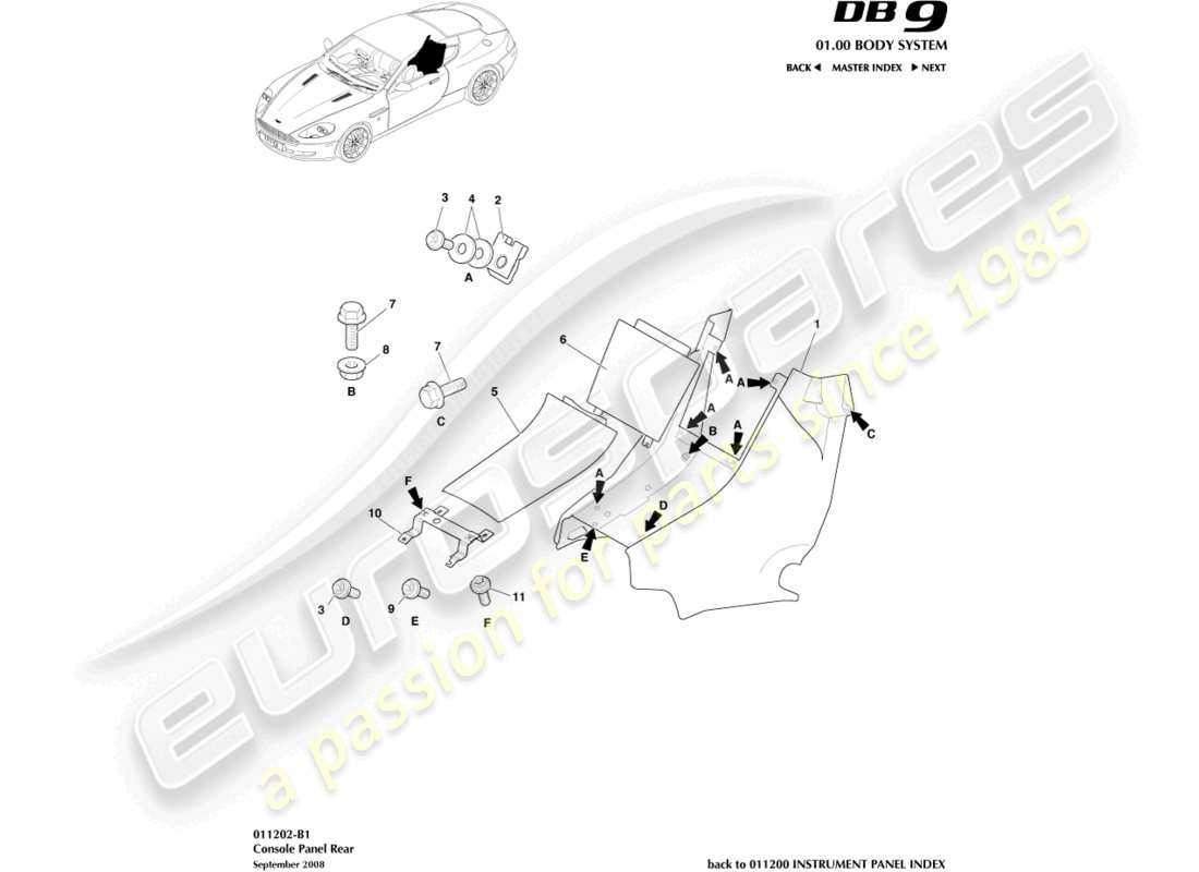 aston martin db9 (2011) rückkonsole, coupé teilediagramm