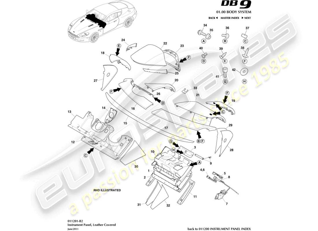 aston martin db9 (2011) instrumententafel, leder teilediagramm