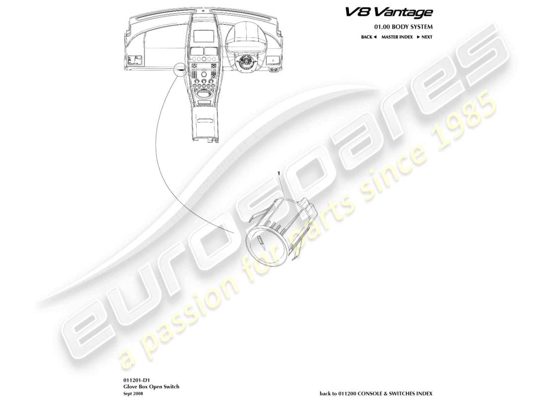 aston martin v8 vantage (2012) diagramma delle parti dell'interruttore del vano portaoggetti