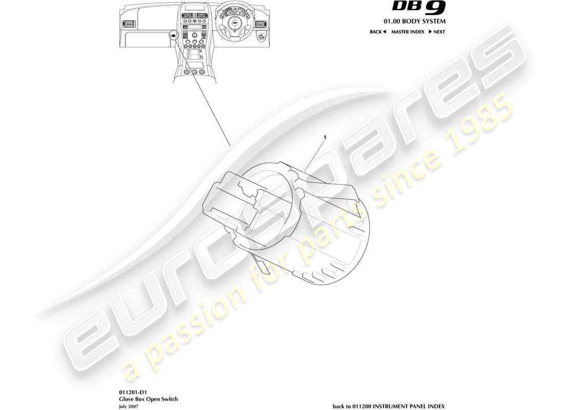 aston martin db9 (2009) interruttore del vano portaoggetti diagramma delle parti
