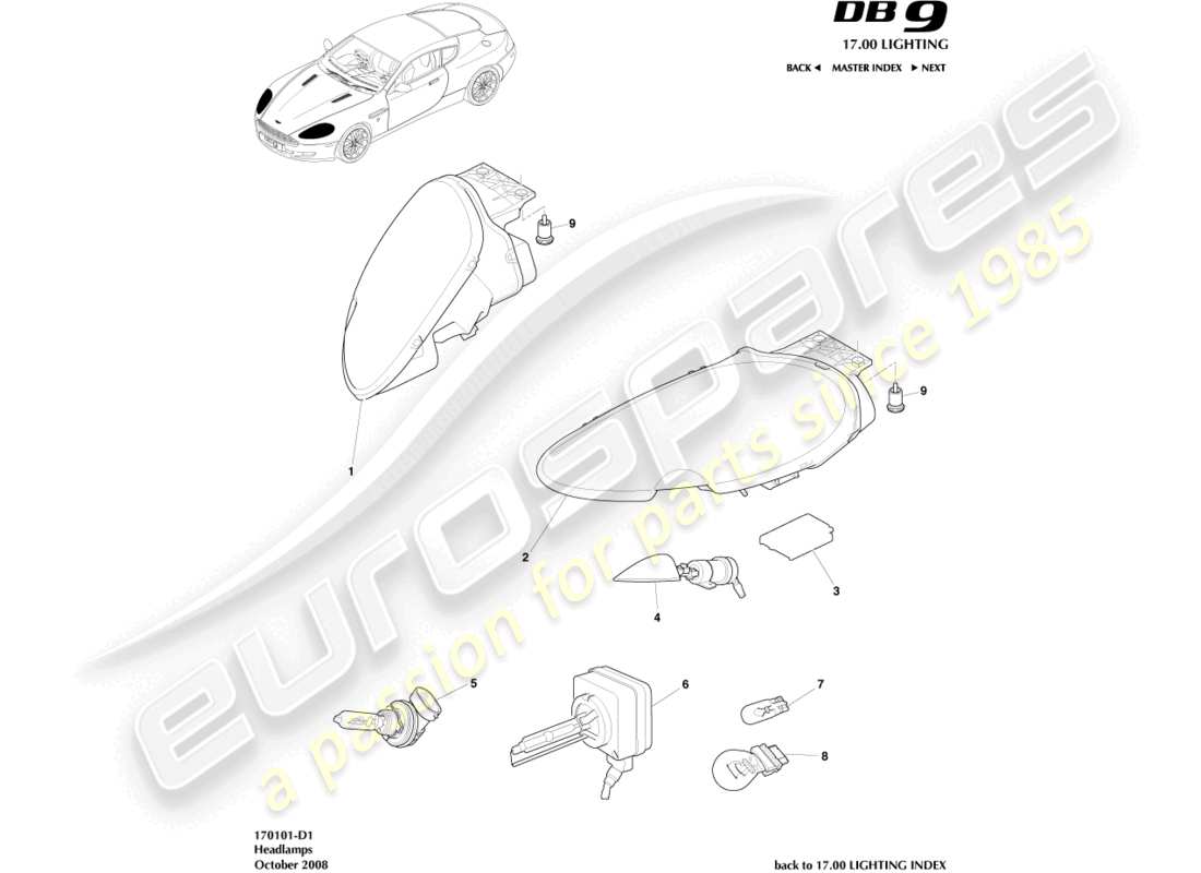 aston martin db9 (2004) fari diagramma delle parti