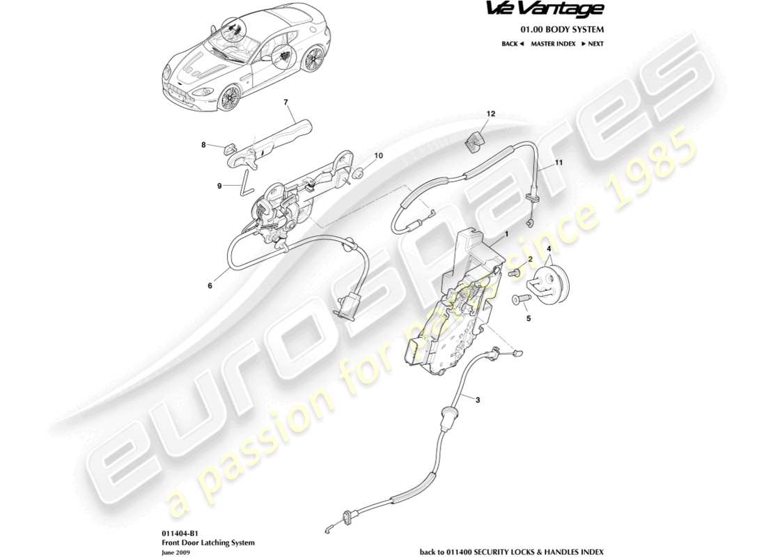 aston martin v12 vantage (2011) schema delle parti della serratura della porta anteriore