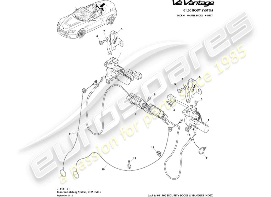 aston martin v12 vantage (2011) diagramma delle parti del sistema di chiusura del tonneau