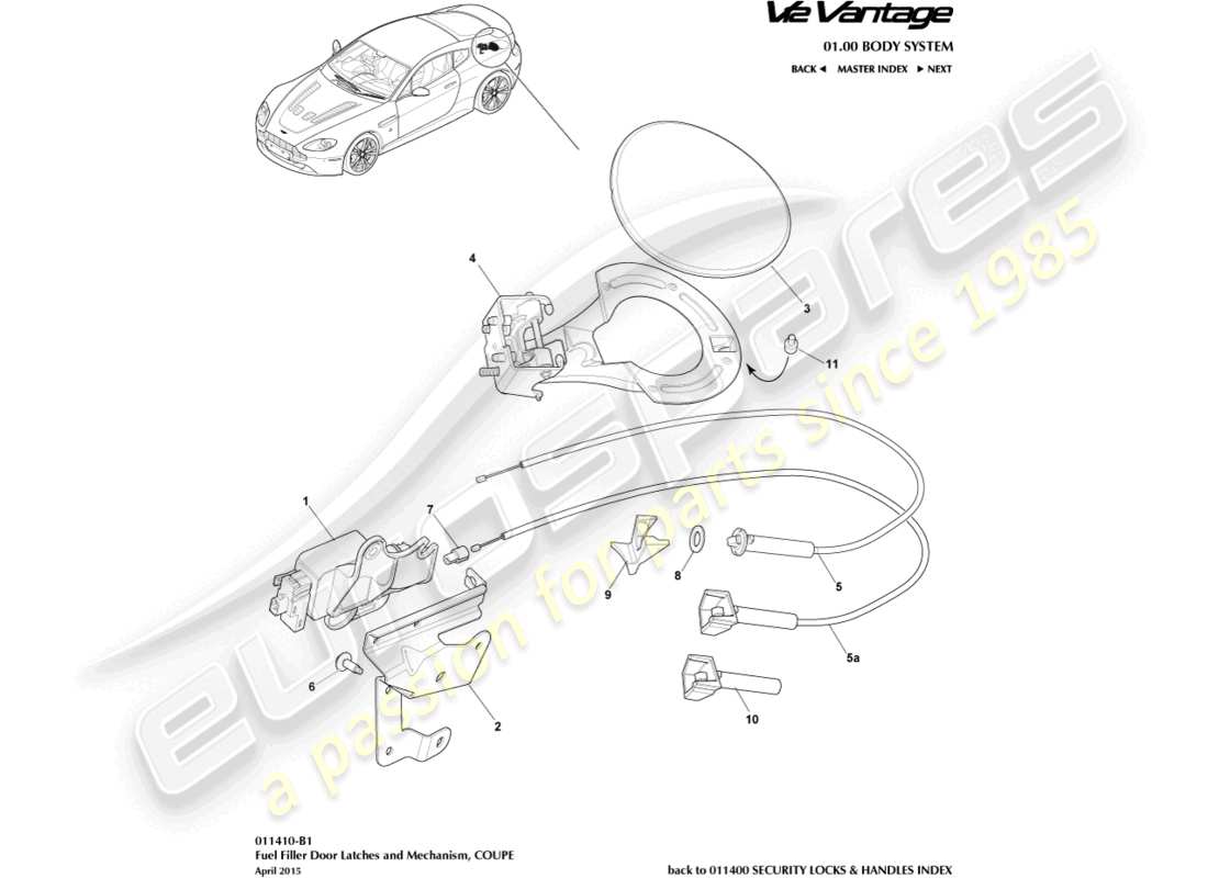 aston martin v12 vantage (2011) meccanismo di rifornimento del carburante, diagramma delle parti della coupé