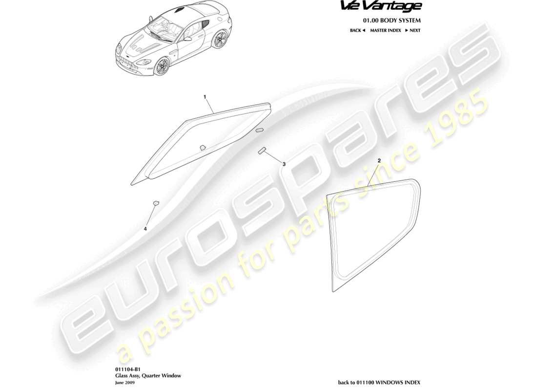 aston martin v12 vantage (2011) vetro del quarto posteriore, diagramma delle parti della coupé