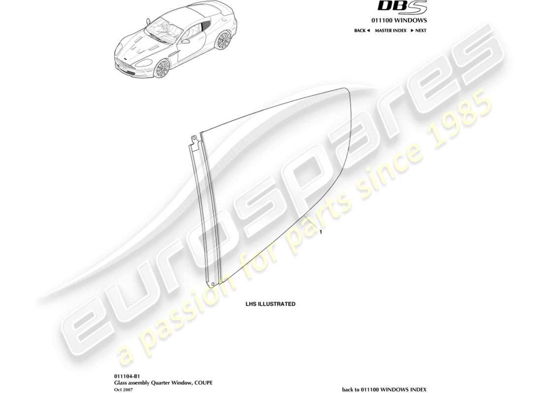 aston martin dbs (2013) vetro del quarto posteriore, diagramma delle parti della coupé