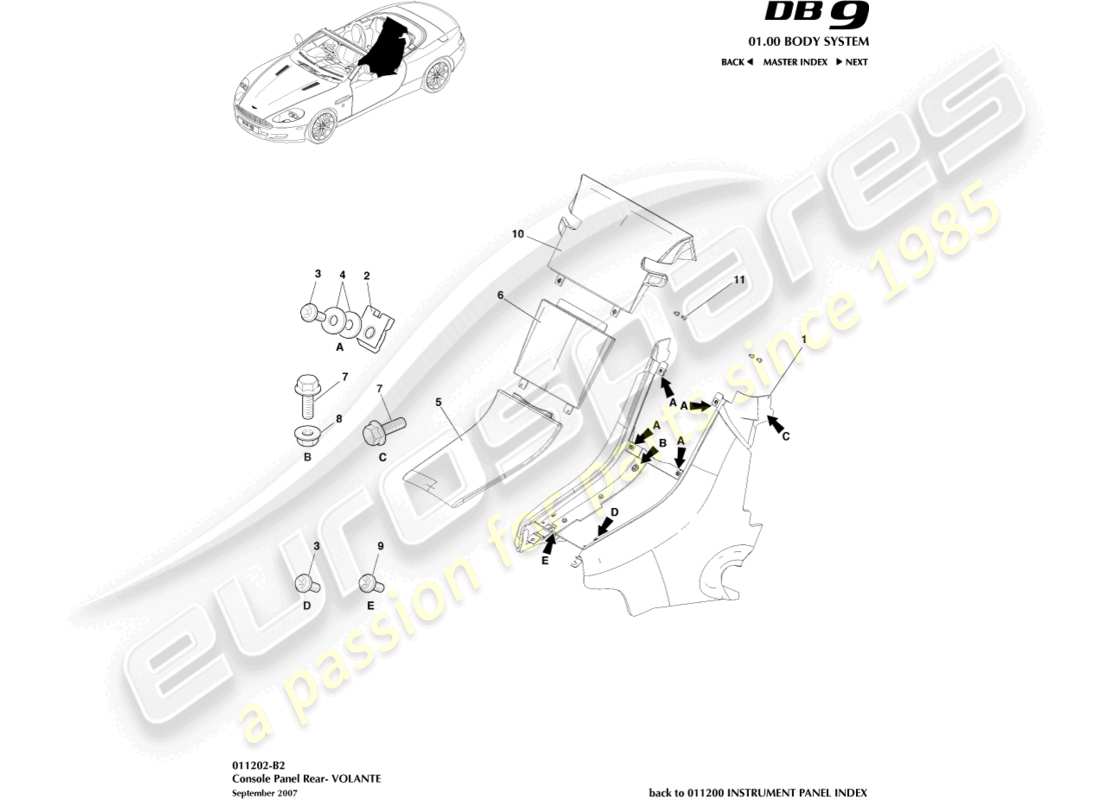 aston martin db9 (2005) console posteriore, schema delle parti del volante