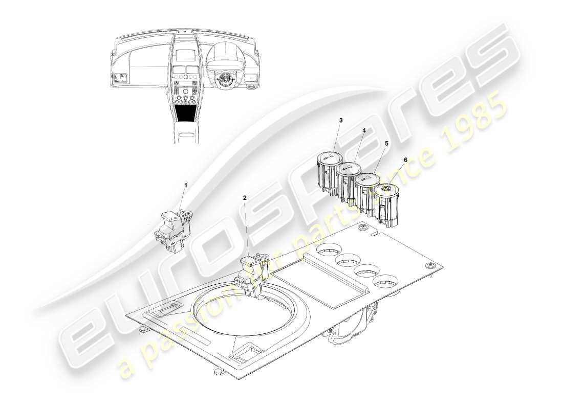 aston martin v8 vantage (2007) interruttori console, coupé, diagramma delle parti con guida a destra