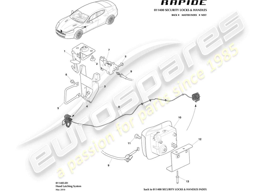 aston martin rapide (2010) sistema di chiusura del cofano diagramma delle parti