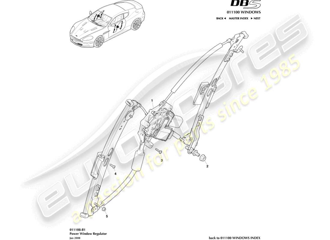 aston martin dbs (2009) alzacristalli per porte diagramma delle parti