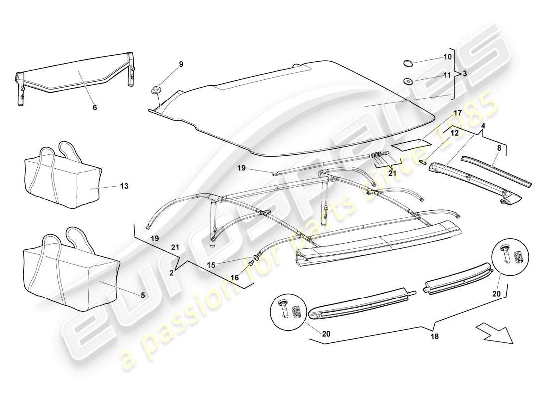 lamborghini reventon roadster copertura - superiore diagramma delle parti