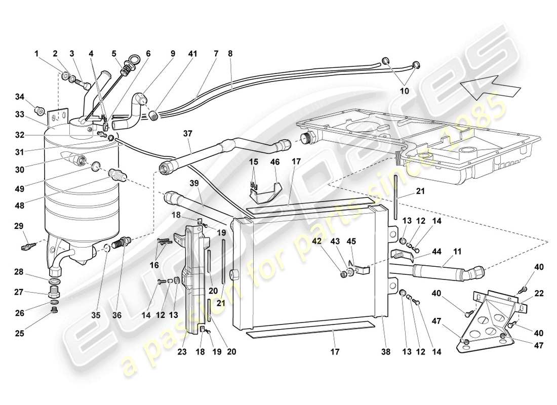 lamborghini lp640 roadster (2010) schema delle parti del raffreddatore dell'olio