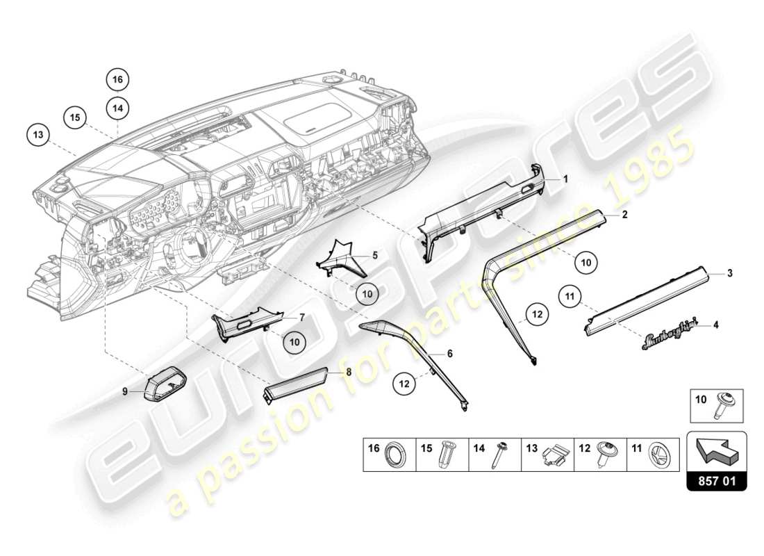lamborghini urus performante (2023) pannello di rivestimento per cruscotto schema delle parti