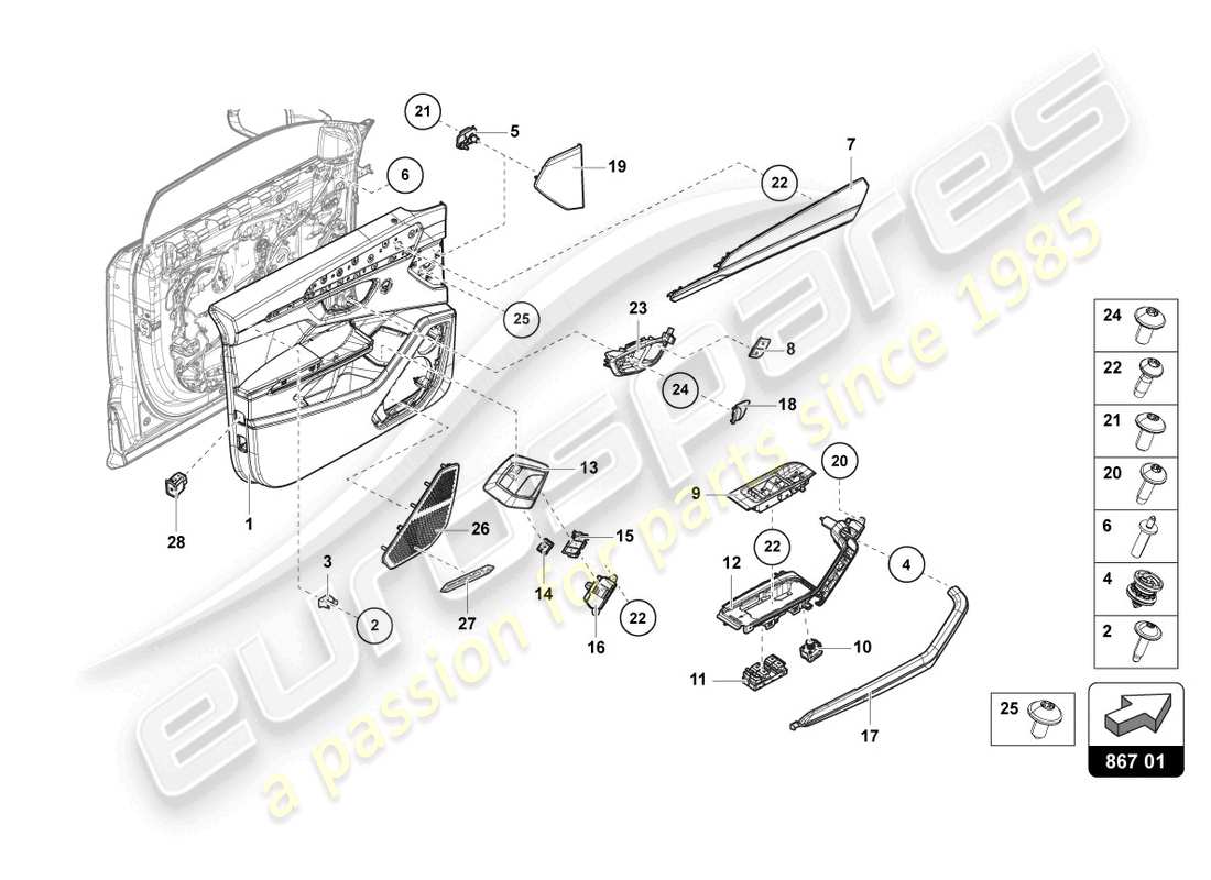 lamborghini urus performante (2023) pannello porta anteriore diagramma delle parti