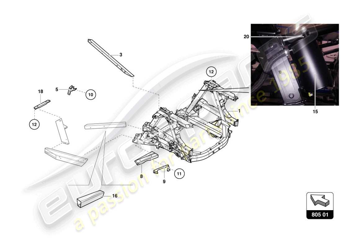 lamborghini super trofeo evo 2 (2022) elementi interni del telaio posteriore schema delle parti