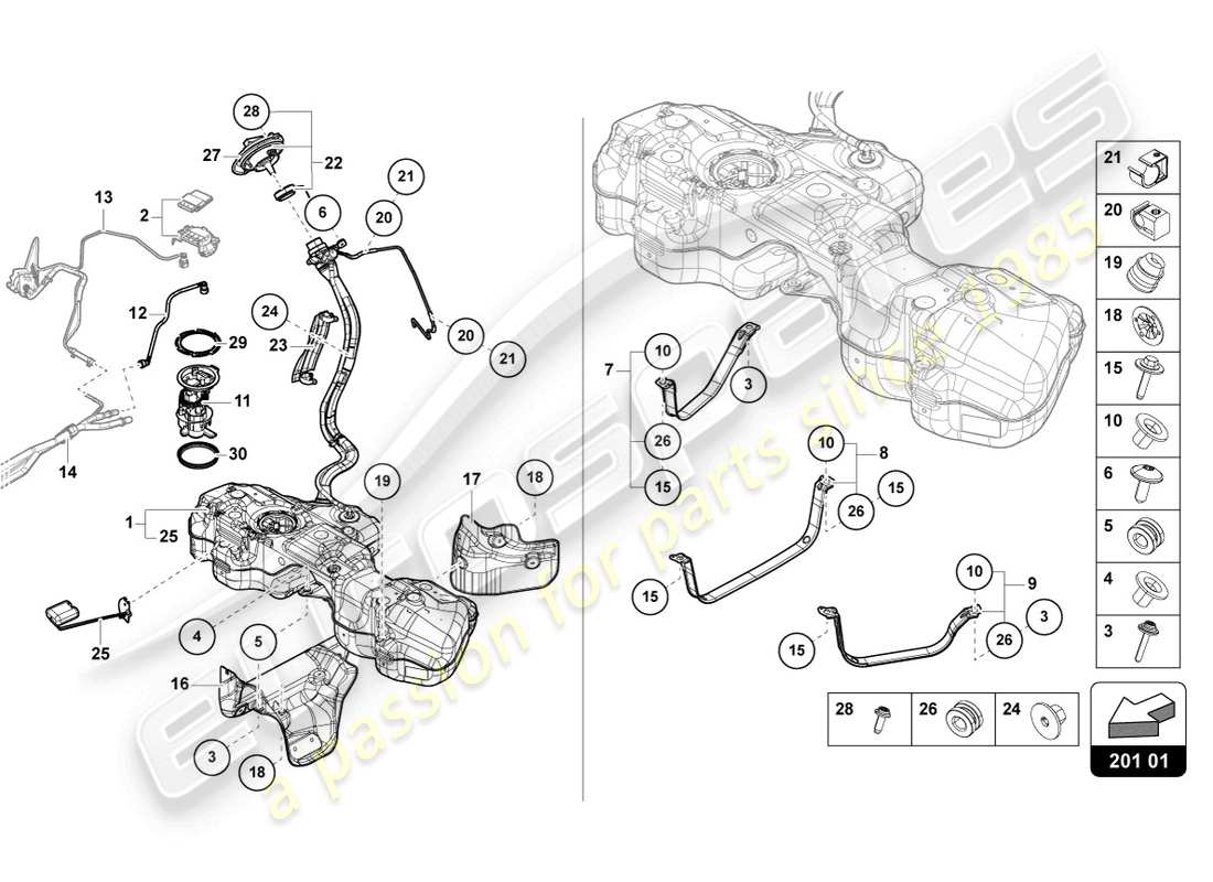lamborghini urus (2020) diagramma delle parti del serbatoio del carburante