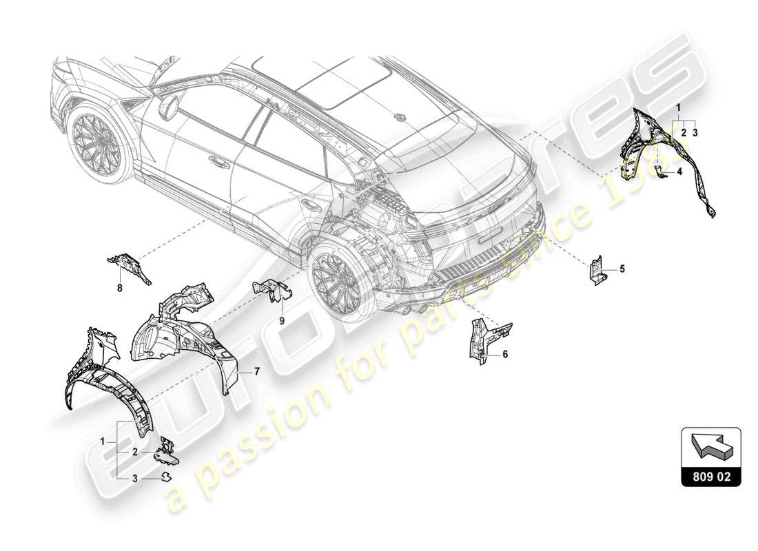 lamborghini urus performante (2023) protezione ala posteriore diagramma delle parti
