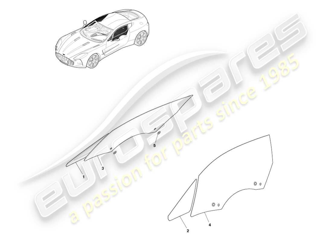aston martin one-77 (2011) vetro della porta diagramma delle parti