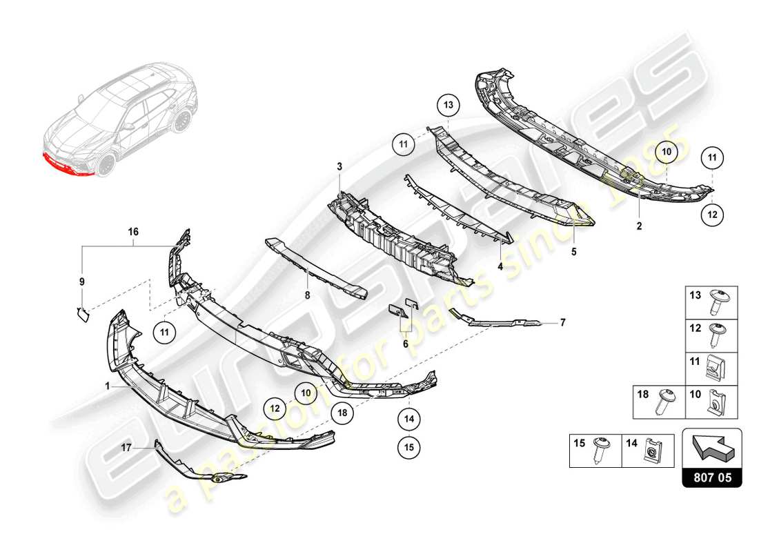 lamborghini urus performante (2023) paraurti completo in carbonio schema delle parti