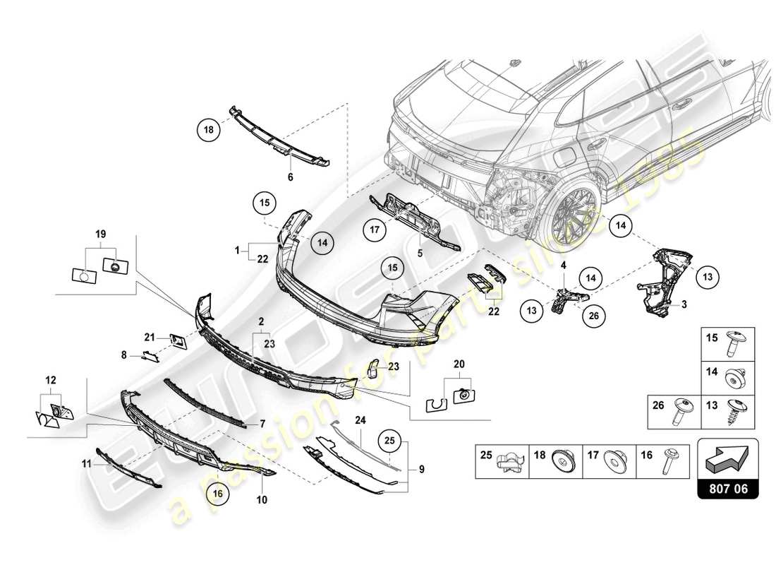 lamborghini urus performante (2023) paraurti posteriore completo schema delle parti