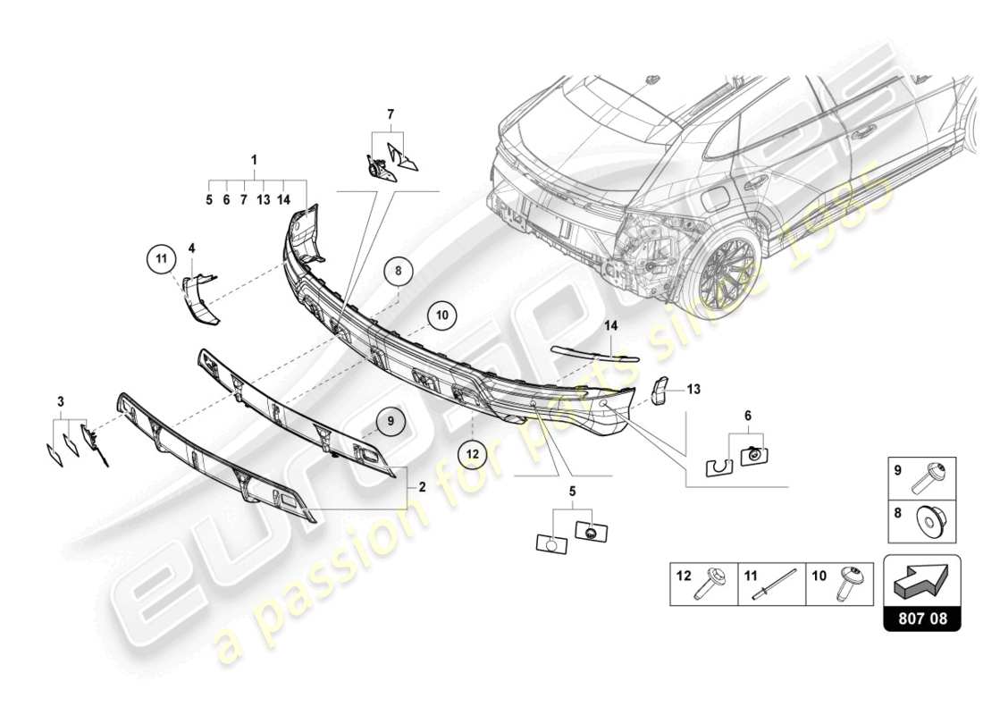 lamborghini urus performante (2023) paraurti posteriore completo in carbonio schema delle parti
