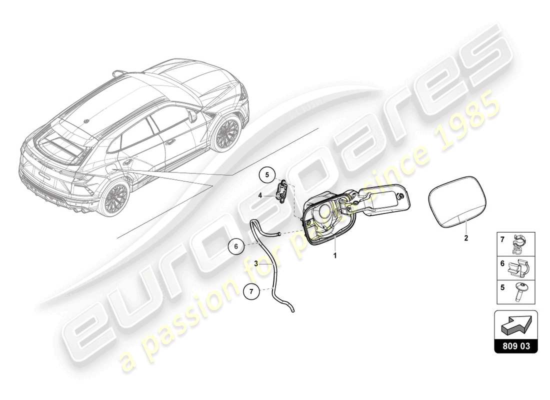 lamborghini urus performante (2023) sportello del riempimento del carburante diagramma delle parti