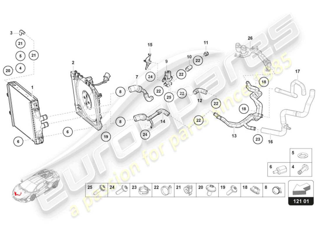 lamborghini revuelto coupe (2024) sistema di raffreddamento sistema acqua schema delle parti