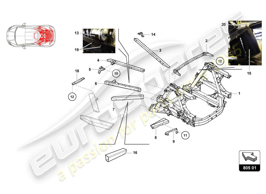 lamborghini super trofeo evo (2018) elementi interni del telaio posteriore schema delle parti