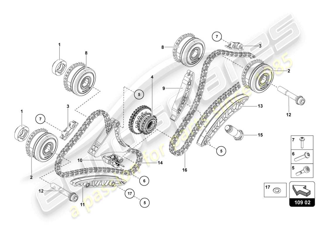 lamborghini lp770-4 svj coupe (2022) diagramma delle parti della catena di distribuzione