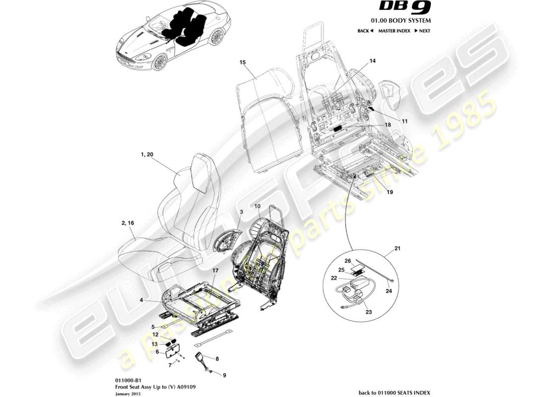 aston martin db9 (2004) dal sedile anteriore a (v) a09109 diagramma delle parti