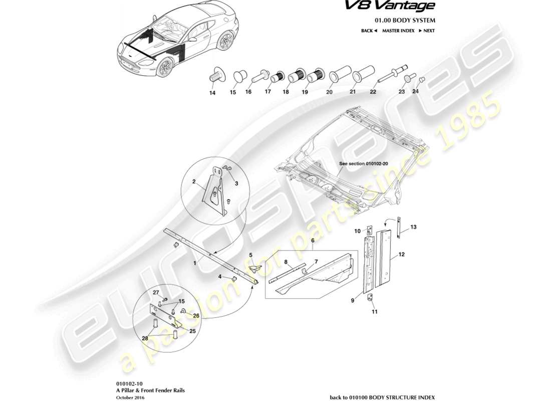 aston martin v8 vantage (2012) un diagramma delle parti dei montanti e dei parafanghi