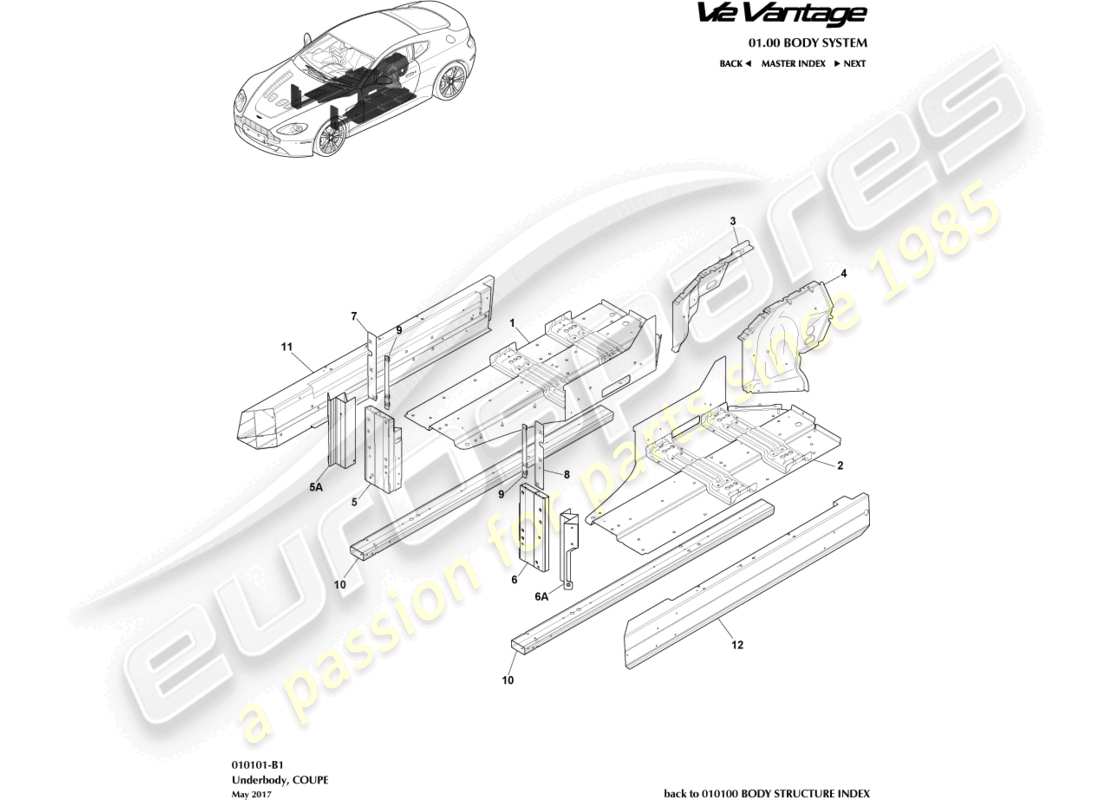 aston martin v12 vantage (2011) sottoscocca, diagramma delle parti del coupé